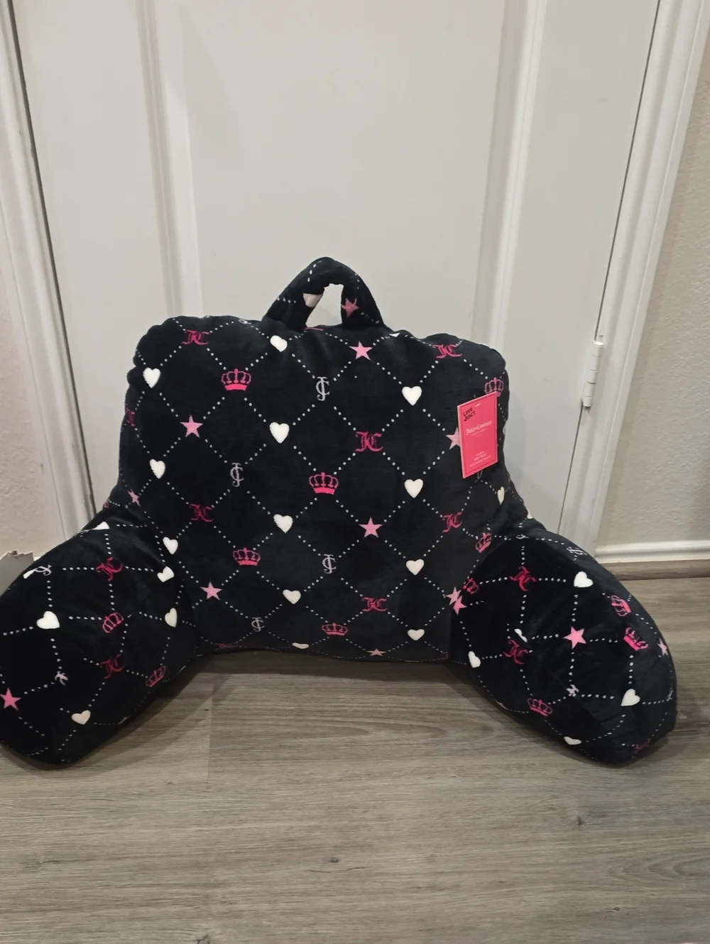 Juicy Couture Home JC Logo Crowns & Hearts Plush Bed Rest Pillow w/Cell Holder